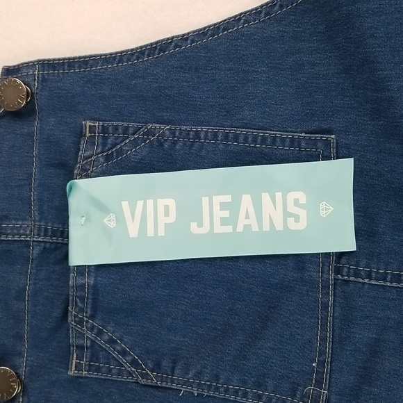 Size 15/16 V.I.P. Jeans Distressed Blue Removable Strap UNISEX Overalls - Picture 4 of 15
